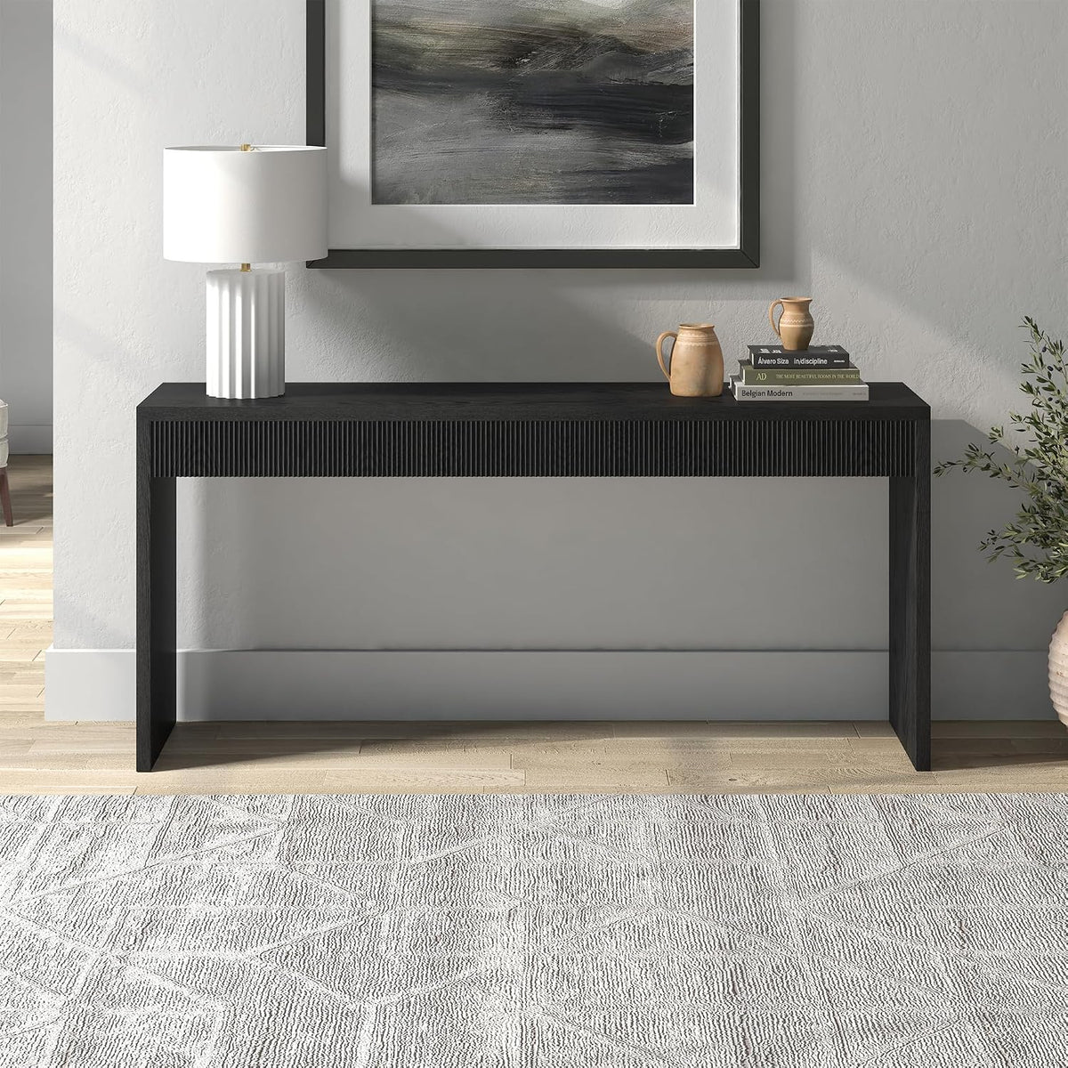 Henn&Hart 64" Rectangular Fluted Console Table, Ribbed Entryway Table, Sofa Table for Entryway, Living Room, Couch, Hallway, or Office, Natural Black