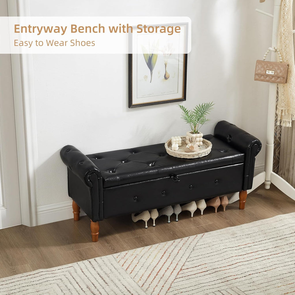 Storage Ottoman Bench, 50" Modern Upholstered End of Bed Bench, Faux Leather Rolled Armed Button-Tufted Ottoman with Storage for Living Room, Entryway, Window, Black