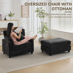 57.5" Oversized Chenille Chair with Movable Ottoman, Black Deep Seat Comfy Upholstered Chaise Lounge Reading Accent Armchair with Side Pocket, Single Sleeper Sofa for Living Room Bedroom Small Space
