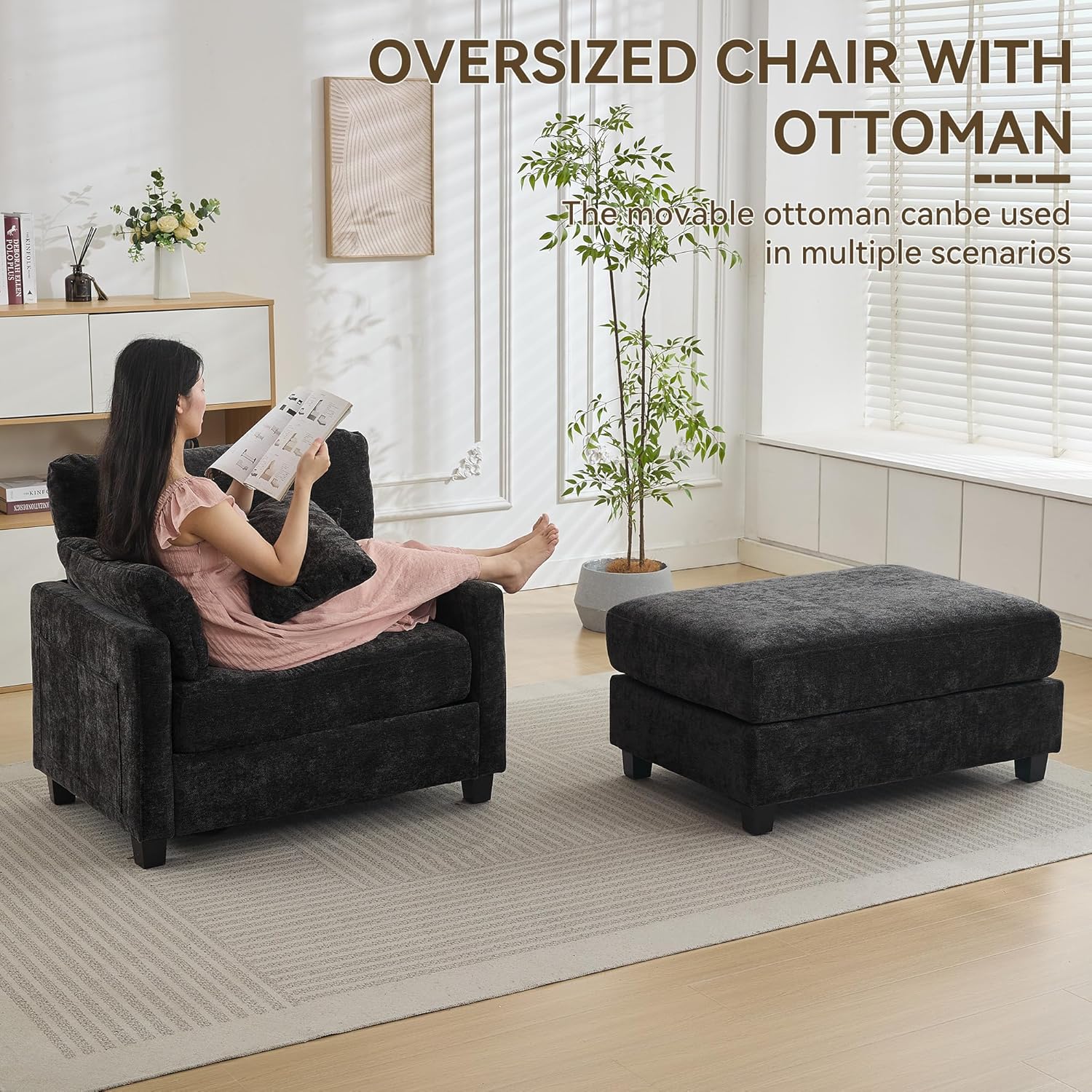 57.5" Oversized Chenille Chair with Movable Ottoman, Black Deep Seat Comfy Upholstered Chaise Lounge Reading Accent Armchair with Side Pocket, Single Sleeper Sofa for Living Room Bedroom Small Space