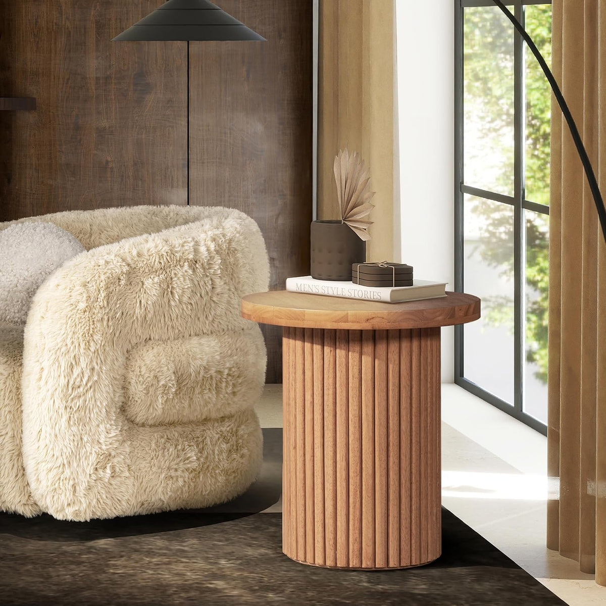Jennifer Taylor Home Kenzie 19.5" Fluted Pillar Round Accent Side Table, Light Natural Brown Rubberwood