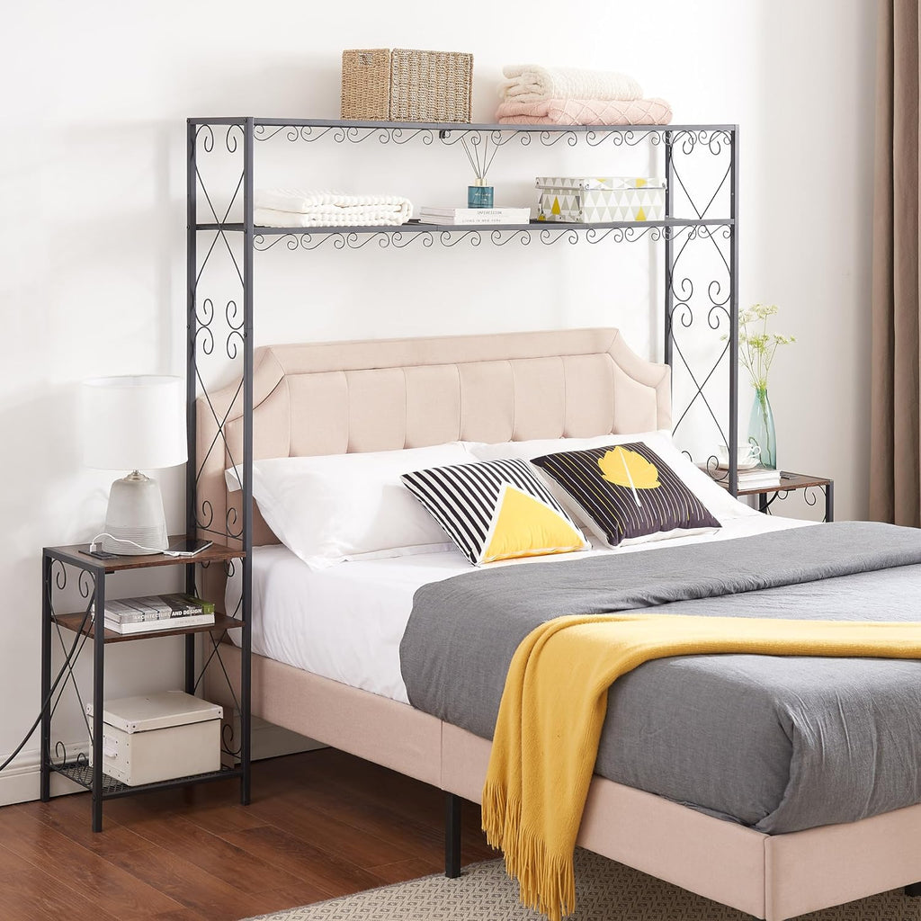 Queen Bed e with 2 Nightstands Headboards with Storage Cabinet, Headboard with Shelves, Bookcase Headboard Queen Easy Assembly for Bedroom Iron and Wood Rustic Brown