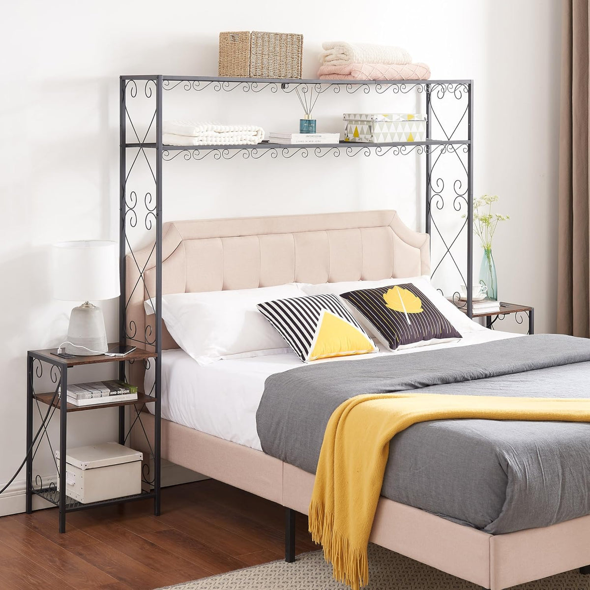 Queen Bed e with 2 Nightstands Headboards with Storage Cabinet, Headboard with Shelves, Bookcase Headboard Queen Easy Assembly for Bedroom Iron and Wood Rustic Brown