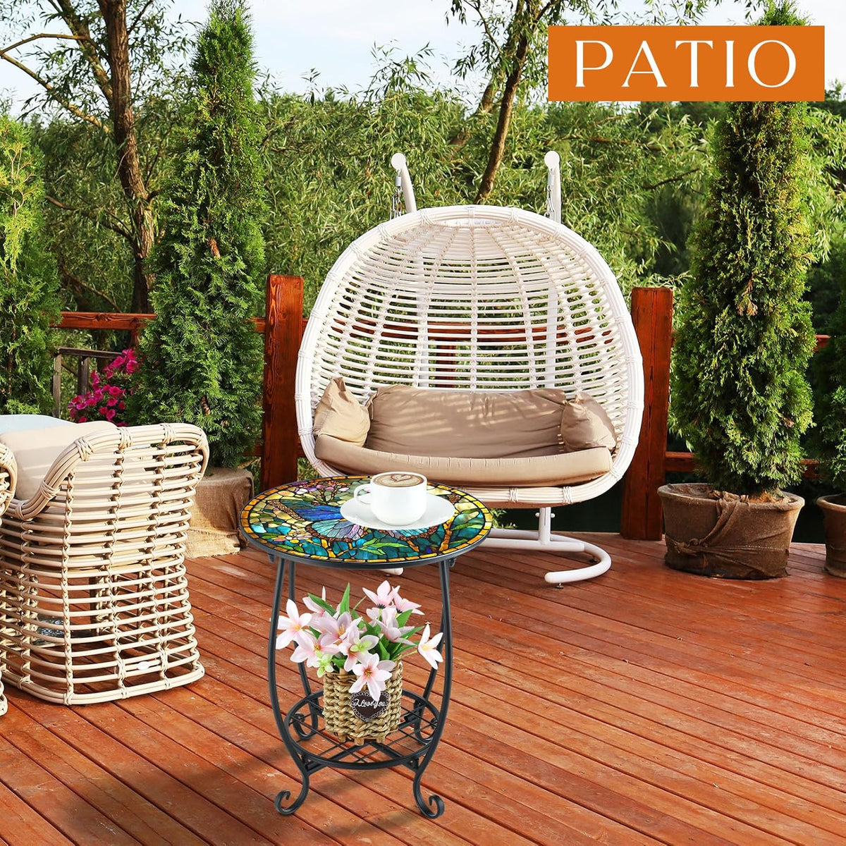 Cinnvoice Outdoor Side Table Round Small Mosaic Patio Accent Indoor End Plant Coffee Tea Table for Yard Patio Porch Garden Living Room, Bedroom(Butterfly Style,14 Inch)