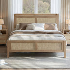 Evermagin Rattan Bed Frame Queen Size with Woven Headboard, Natural Oak