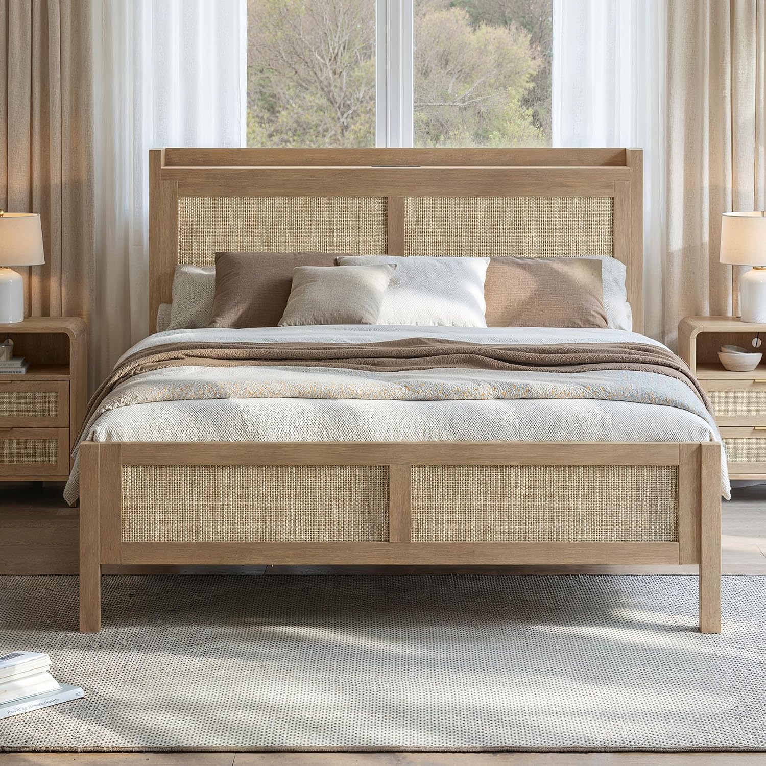 Evermagin Rattan Bed Frame Queen Size with Woven Headboard, Natural Oak