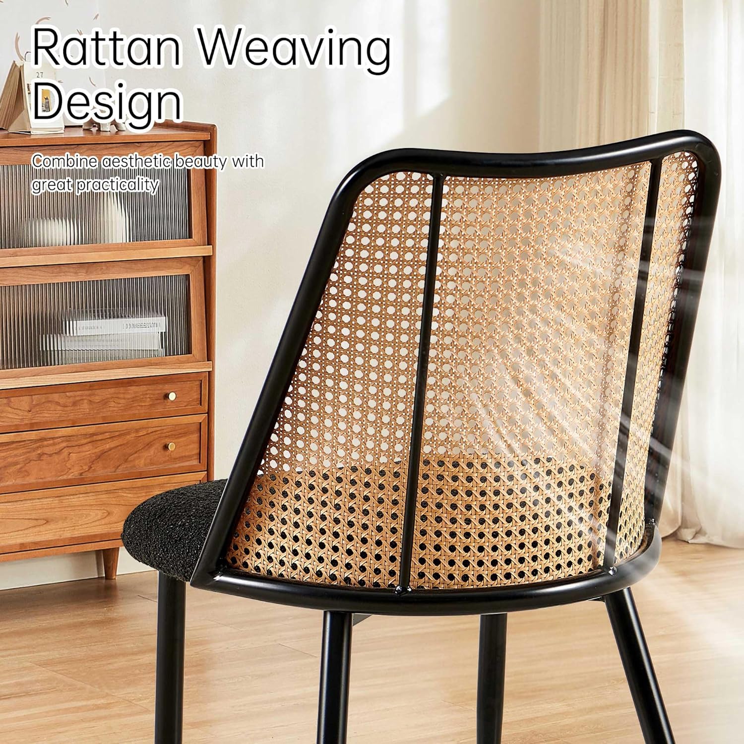 NORDICANA Rattan Dining Chairs Set of 2, Mid Century Kitchen Dining Room Side Chairs with Upholstered Cushion, Black
