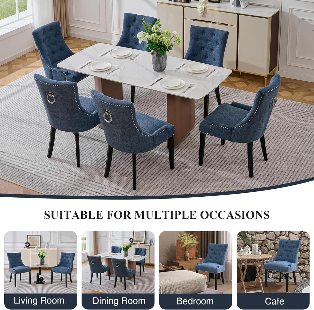 adochr Dining Chairs Set of 6, Upholstered Fabric Dining Room Chairs with Nailhead High Back & Ring Pull & Wooden Legs, Mid-Century Modern Kitchen Chairs for Restaurant, Living Room, Navy Blue