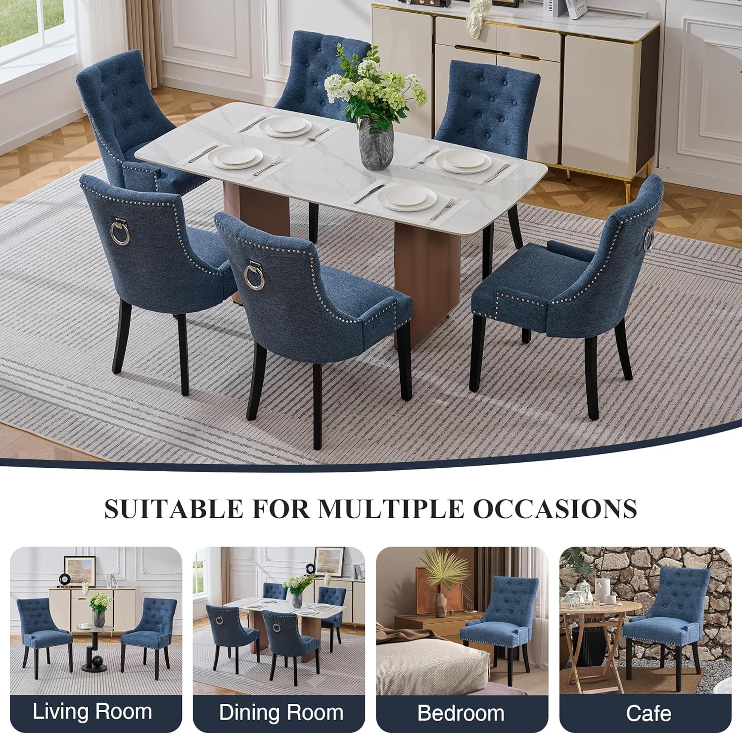 adochr Dining Chairs Set of 6, Upholstered Fabric Dining Room Chairs with Nailhead High Back & Ring Pull & Wooden Legs, Mid-Century Modern Kitchen Chairs for Restaurant, Living Room, Navy Blue