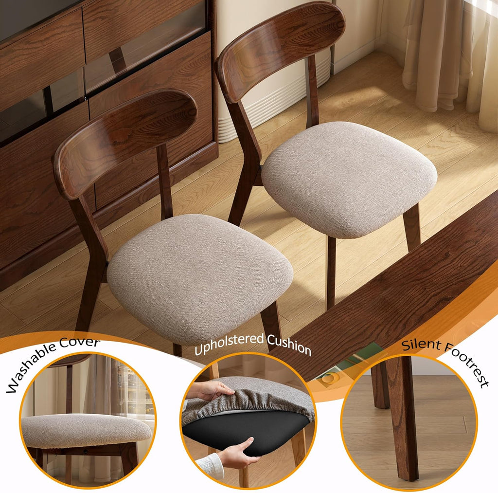 Modern Solid Wood Dining Chair Set of 6, Kitchen Dining Room Chair with Upholstered Cushion and Seat Cover, Curved Backrest, 100% FAS Grade North America Oak Wood, Walnut