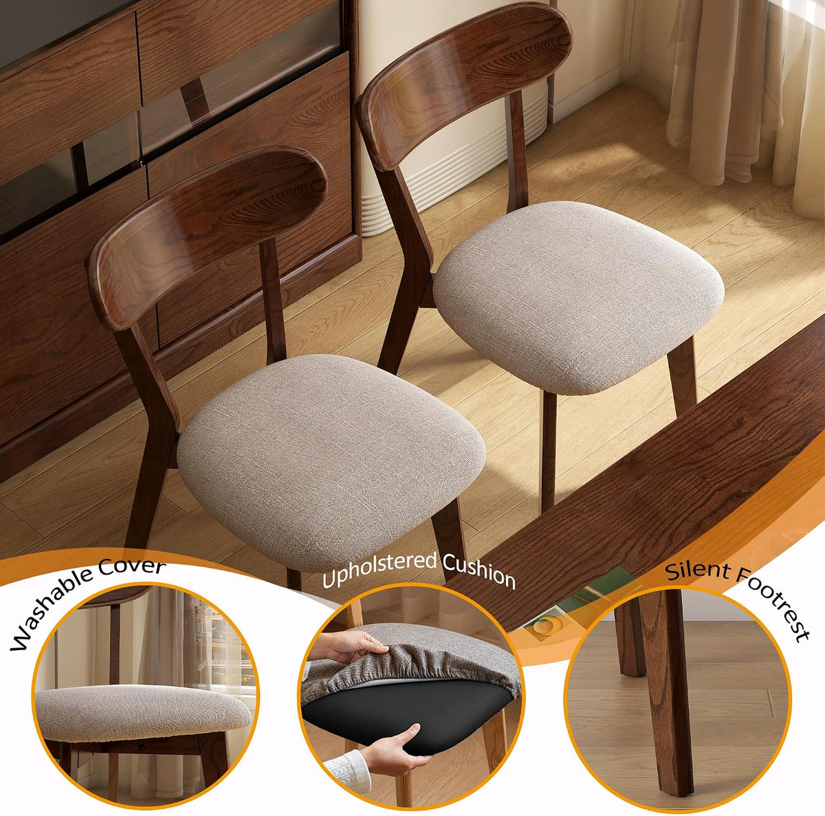 Modern Solid Wood Dining Chair Set of 4, Kitchen Dining Room Chair with Upholstered Cushion and Seat Cover, Curved Backrest, 100% FAS Grade North America Oak Wood, Walnut