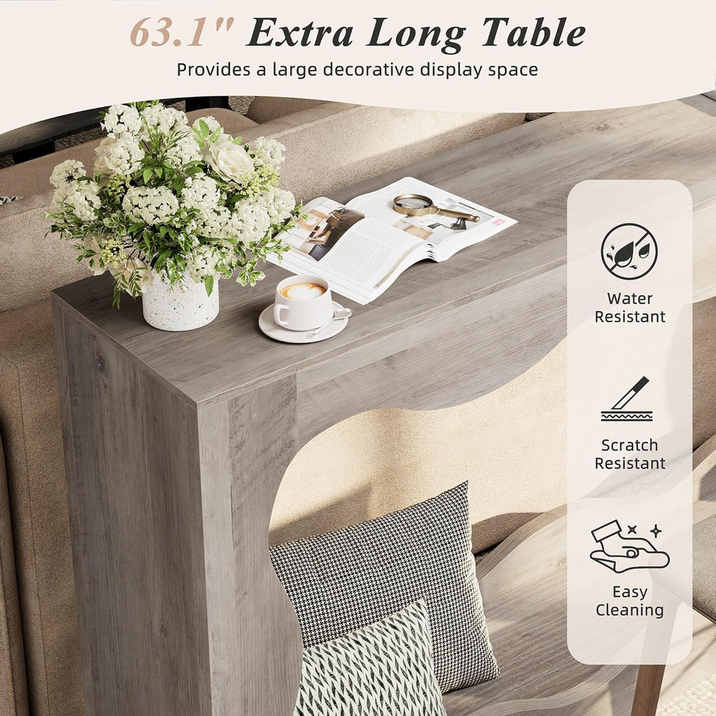 Shintenchi 63 inch Farmhouse Console Table with Storage & LED Light, Long Sofa Table Behind Couch, Narrow Entryway Entrance Table, Hallway Accent Stand Home Decor for Living Room, Entry Way, Ash Gray