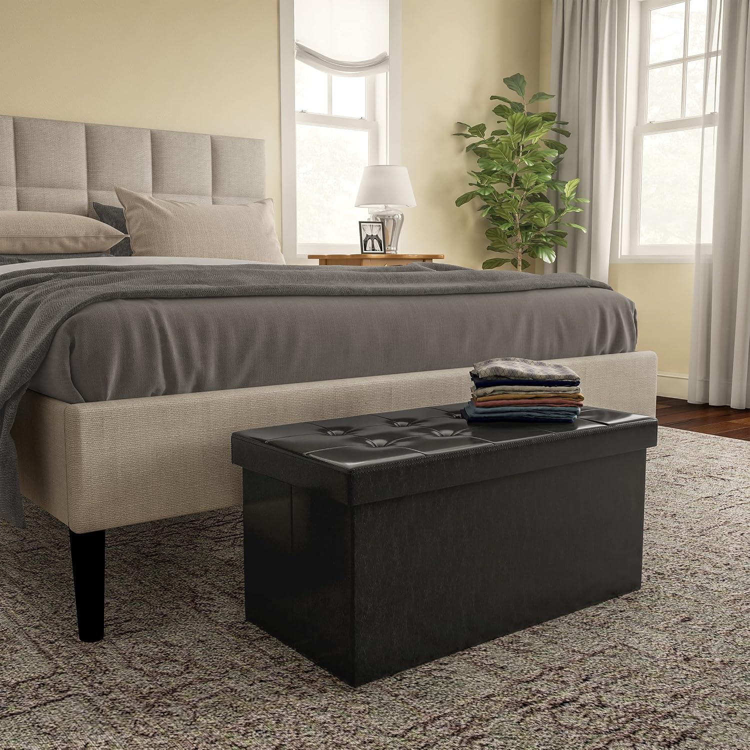 Lavish Home Storage Ottoman - 30-Inch Folding Faux Leather Footrest, Linen Chest, or Bench with Removable Bin for Living Room or Bedroom (Black)