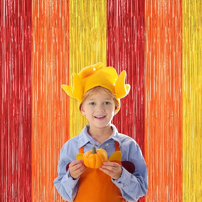 2 Pack Thanksgiving Backdrop, 3.28 FT x 7.05 FT Red Orange Gold Party Streamer, Metallic Fringe Curtains Foil Streamer Tinsel Backdrop, Thanksgiving Party Decorations Photo Props Wall Decor