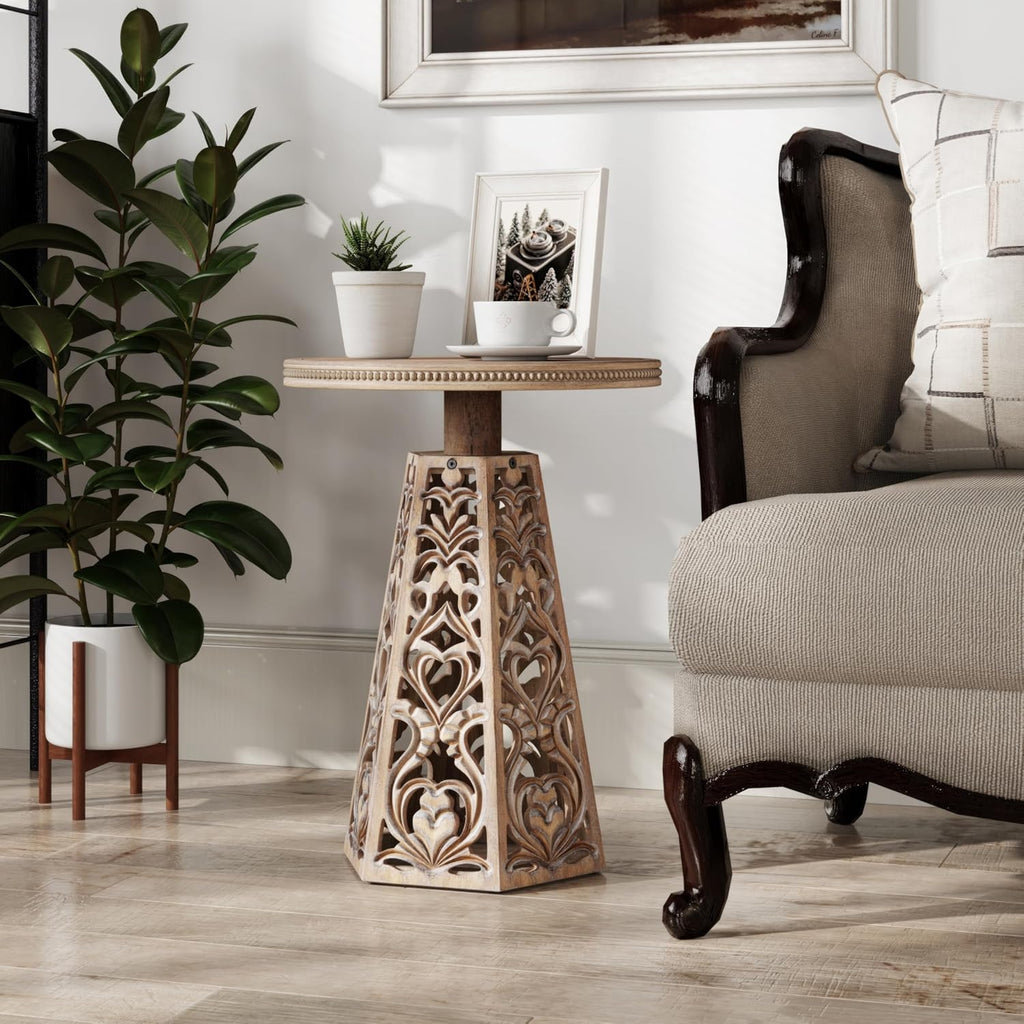 COZAYH Rustic Farmhouse Wooden End Table, Distressed Round Accent Table with Intricate Carved Floral Patterns, Boho, for Living Room, Bedroom, or Entryway, Distressed Wood Color