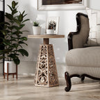 COZAYH Rustic Farmhouse Wooden End Table, Distressed Round Accent Table with Intricate Carved Floral Patterns, Boho, for Living Room, Bedroom, or Entryway, Distressed Wood Color