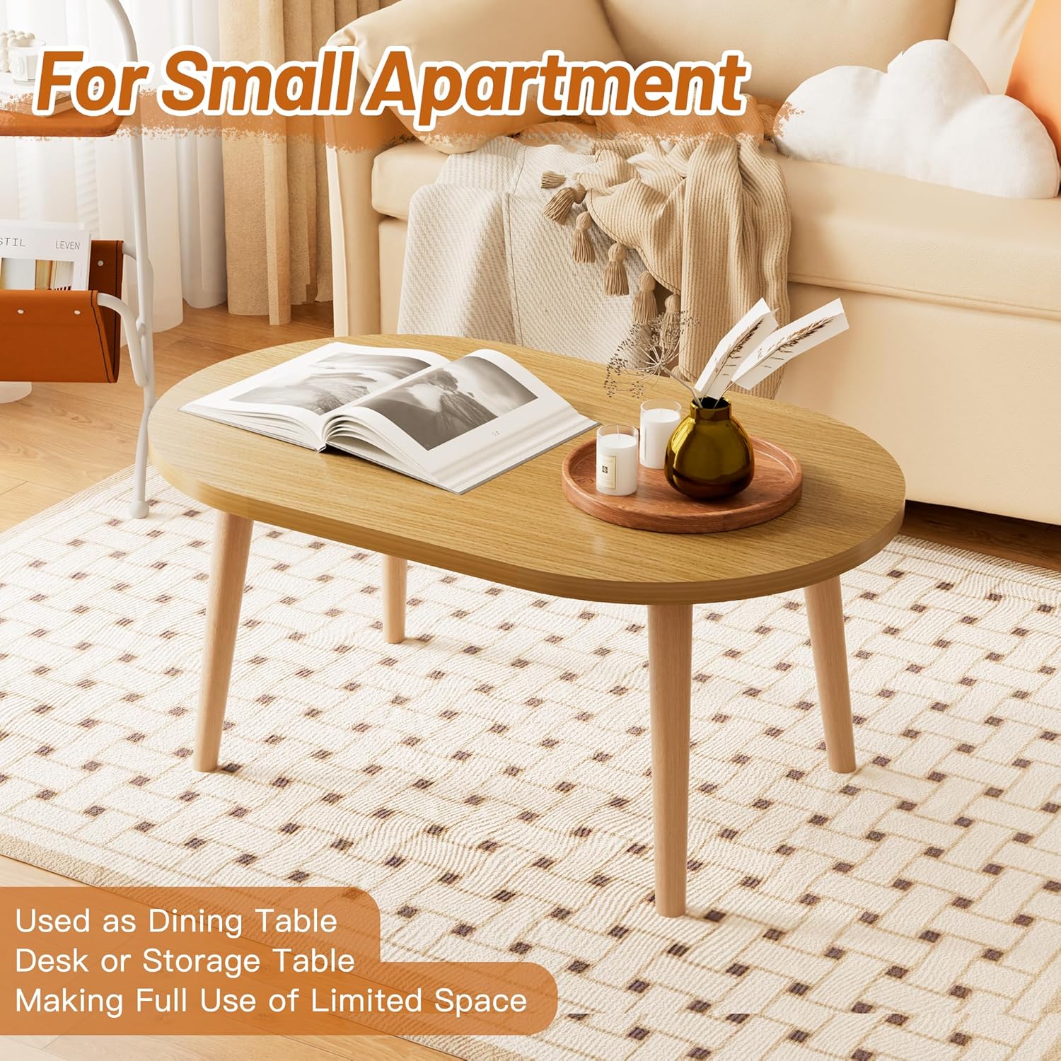 Small Coffee Table, Low Table with Solid Wood Legs, 23.6" Mini Oval Accent Table Side End Table, Floor Table Desk for Sitting on The Floor, Coffee Tea Table for Living Room, Dorm, Apartment, Natural