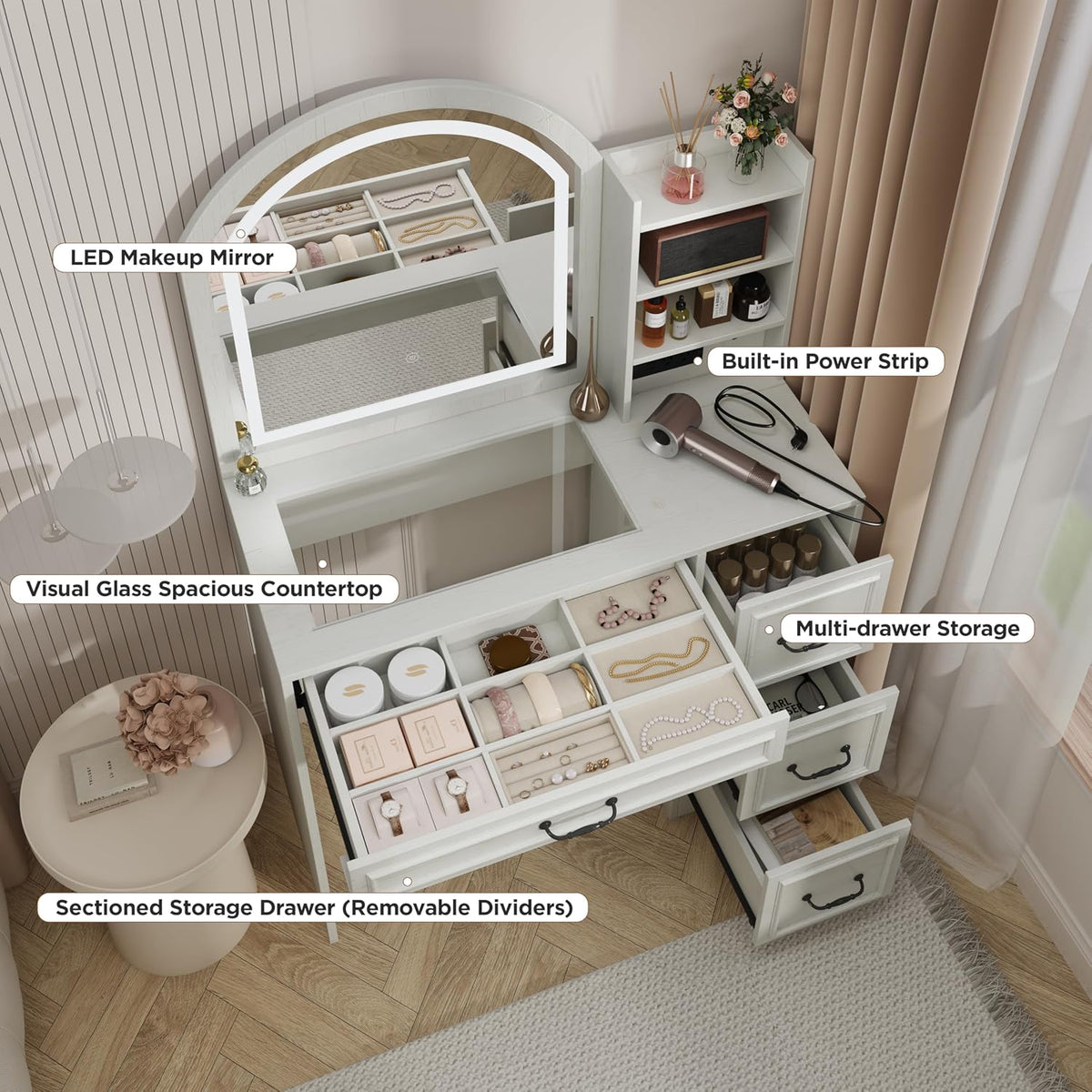 Makeup Vanity Desk with Mirror and Lights 3 Colors, Modern Dressing Table with Transparent Glass Tabletop, 4 Drawers, Power Outlet, Vanity Table for Bedroom, Bathroom