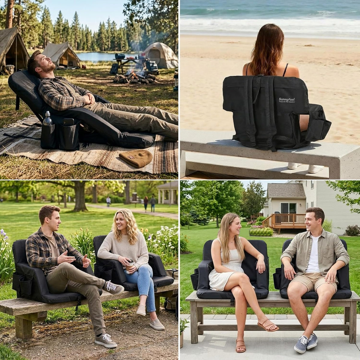 SUNNYFEEL Stadium Seat with Back Support, 4.7" Thick Cushion, 6 Reclining Positions Bleacher Chair with Shoulder Straps, Armrests & Storage Pockets, Non-Slip Strap, Portable for Sports Camping