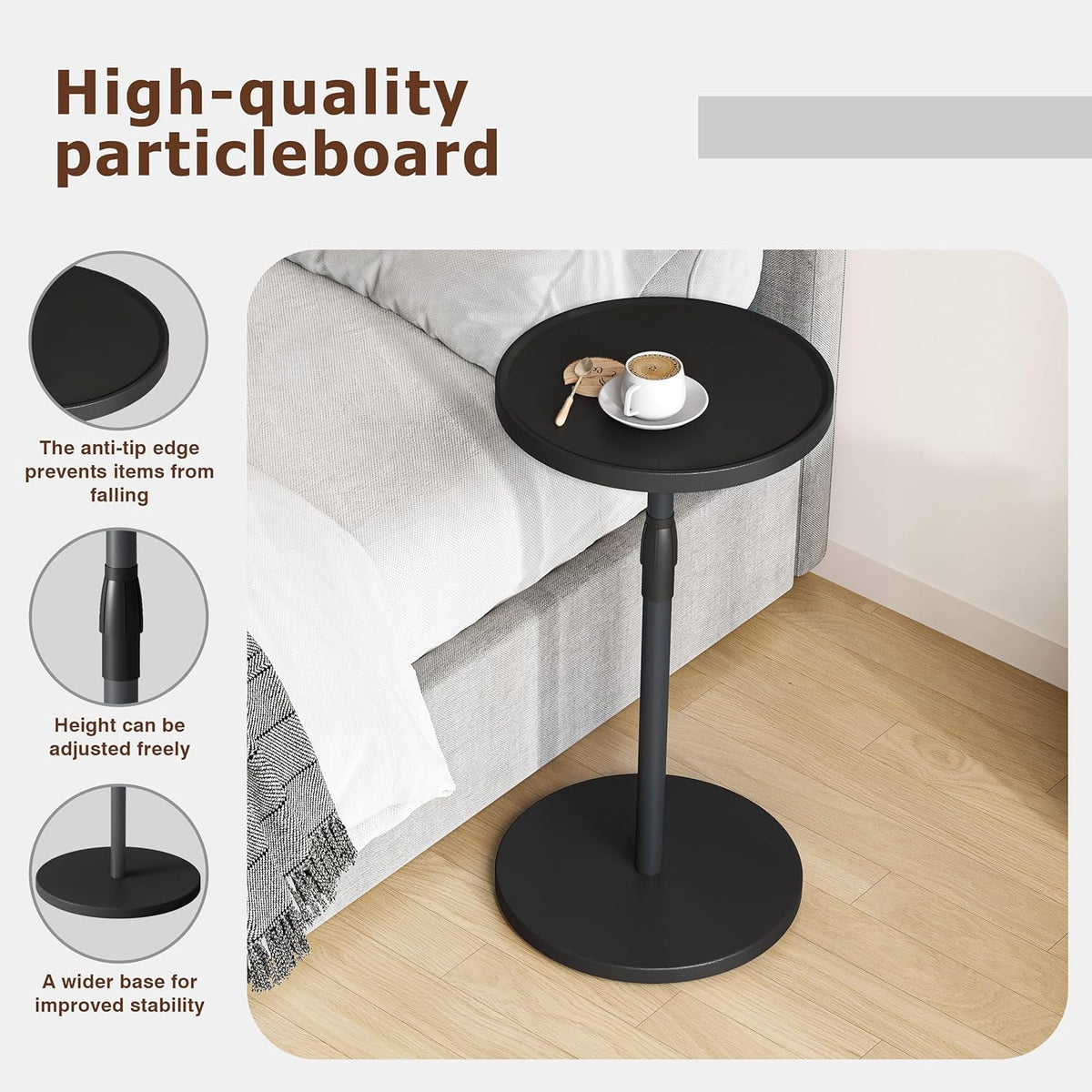 Adjustable Round Side Table, Small End Table, Pedestal Drink Table for Small Spaces, Tall Round Nightstand for Living Room Bedroom Sofa Couch, Black Wood Grain ET-010BW