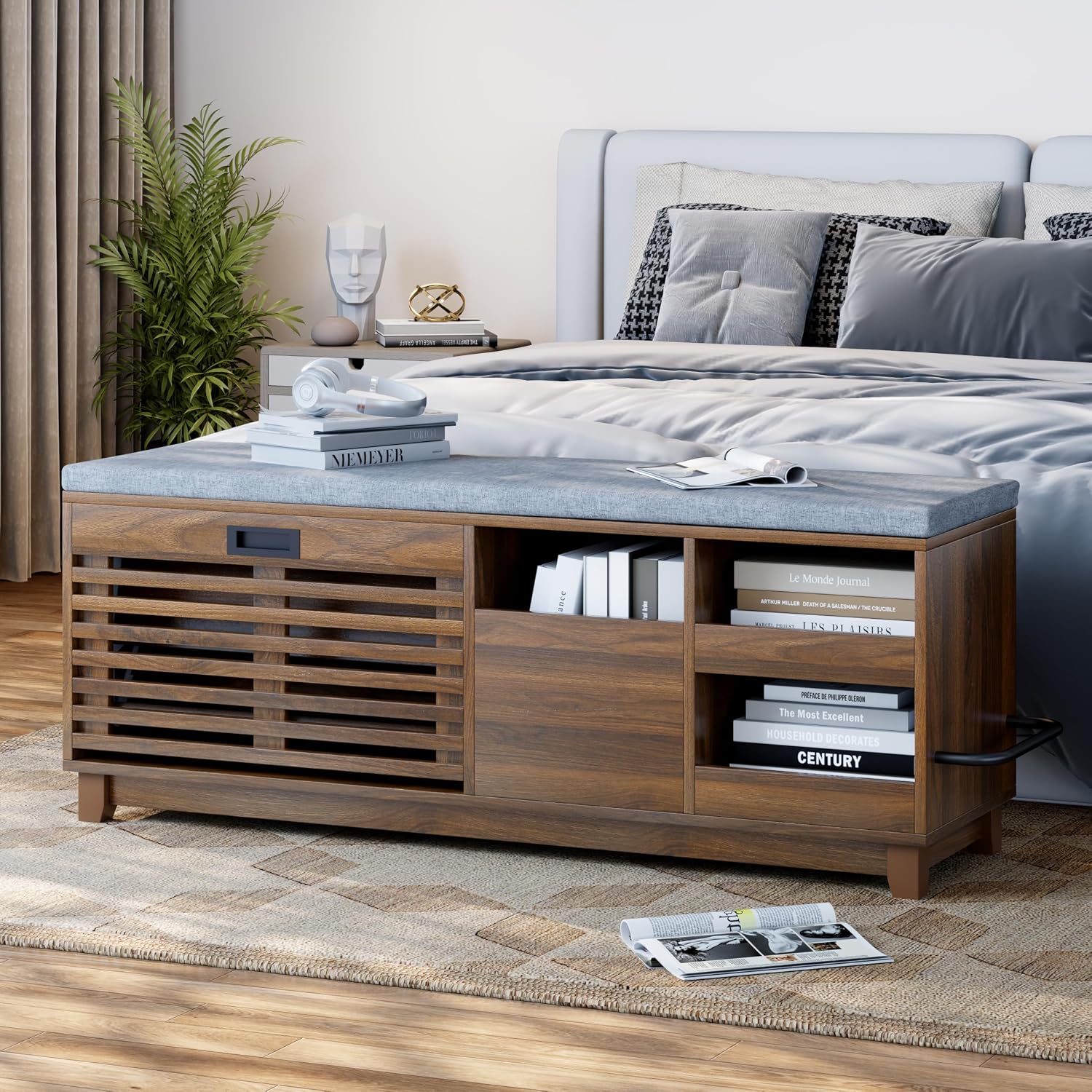 Loomie 47.2" Shoe Storage Bench with Flip Drawer, 2-Tier Entryway Bench with Padded Seat Cushion & 2 Pull-out Shelves & Semi-open storage, Shoe Rack Bench with Side Holder for Hallway,Bedroom (Walnut)