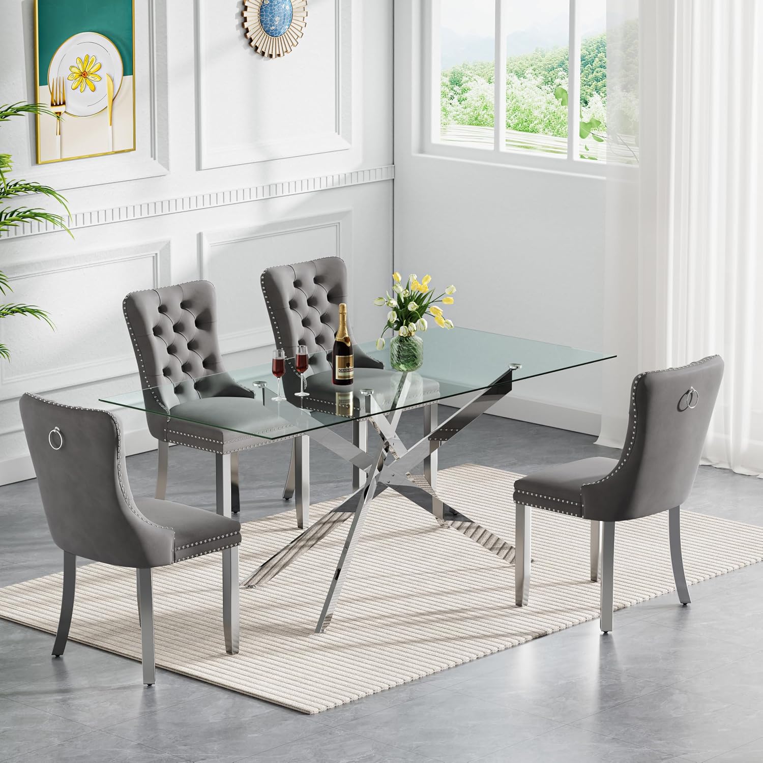 SSLine Modern 5-Piece Glass Dining Table Set for 4 Luxury Rectangle Glass Kitchen Table and Chair Set for 4, 61" Long Dining Room Tables with 4 Gray Tufted Chairs for Kitchen Home Office