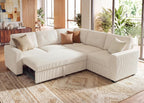 HONBAY Corduroy Sectional Sleeper Sofa with Pull Out Bed, 5 Seaters 83.4 Inch Setional Couch for Living Room Apartment, Beige