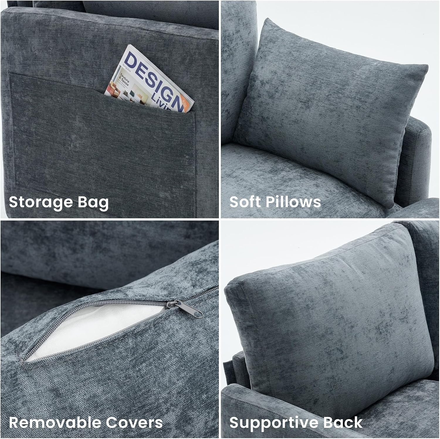 Iroomy Sectional Couch for Living Room, Comfy L Shaped Convertible Sofa, 4 Seater Modern Chenille Sofa with Ottoman, Grey