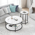 WiberWi Round Side Table Set of 2, Modern Nightstand End Table with Metal Frame &Faux Marble Top, Accent Bedside Table for Living Room Bedroom Small Spaces with Storage Open Shelf,White