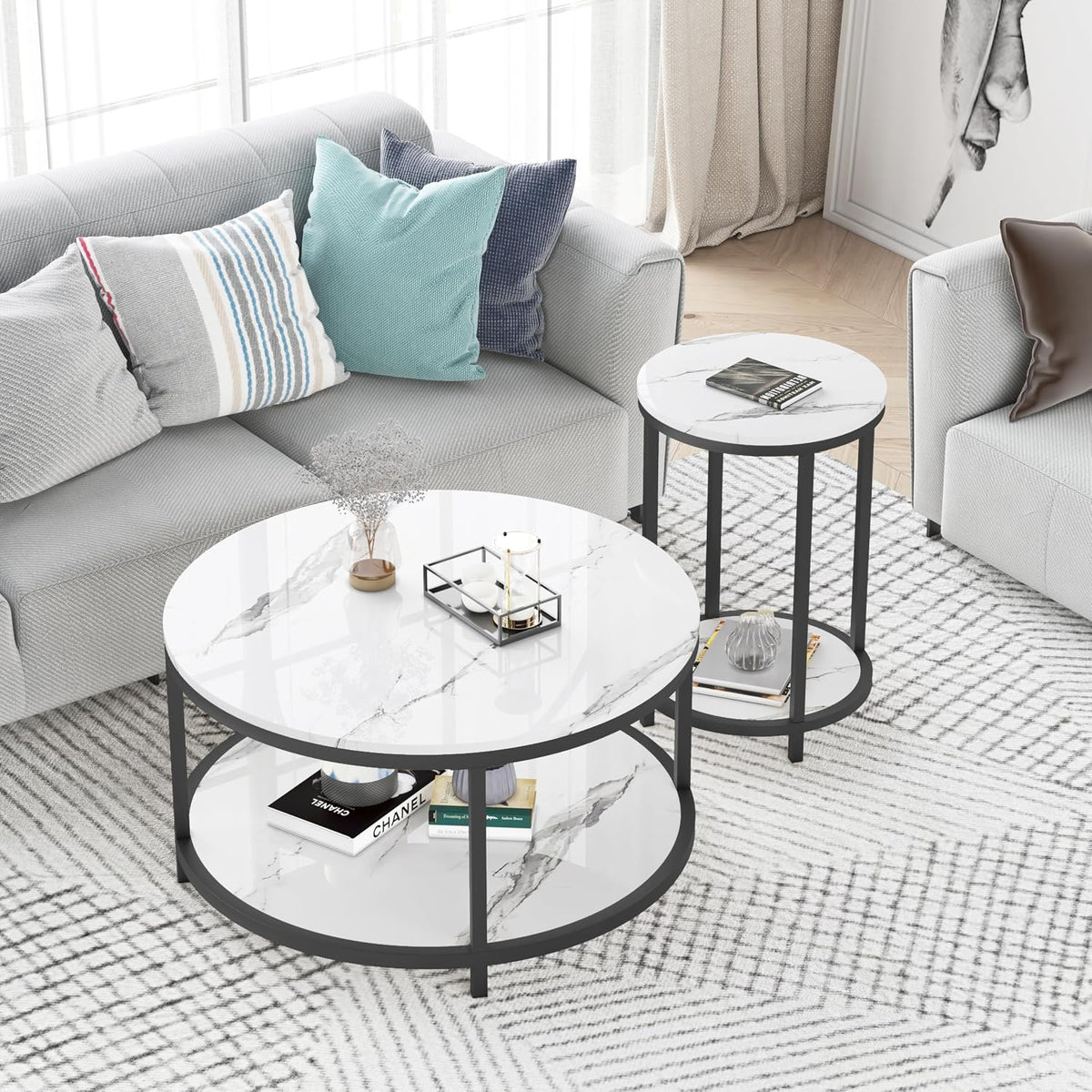 WiberWi Round Side Table Set of 2, Modern Nightstand End Table with Metal Frame &Faux Marble Top, Accent Bedside Table for Living Room Bedroom Small Spaces with Storage Open Shelf,White