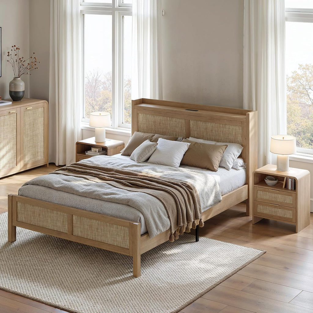 Evermagin Rattan Bed Frame Queen Size with Woven Headboard, Natural Oak