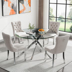 Henf 5 Piece Round Dining Table Set with 4 Chair, 47'' Round Glass Dining Room Table Set for 4, X-Shape Silver Metal Legs, Glass Kitchen Table and Chair Set for 4, Circular Dinner Desk for Kitchen