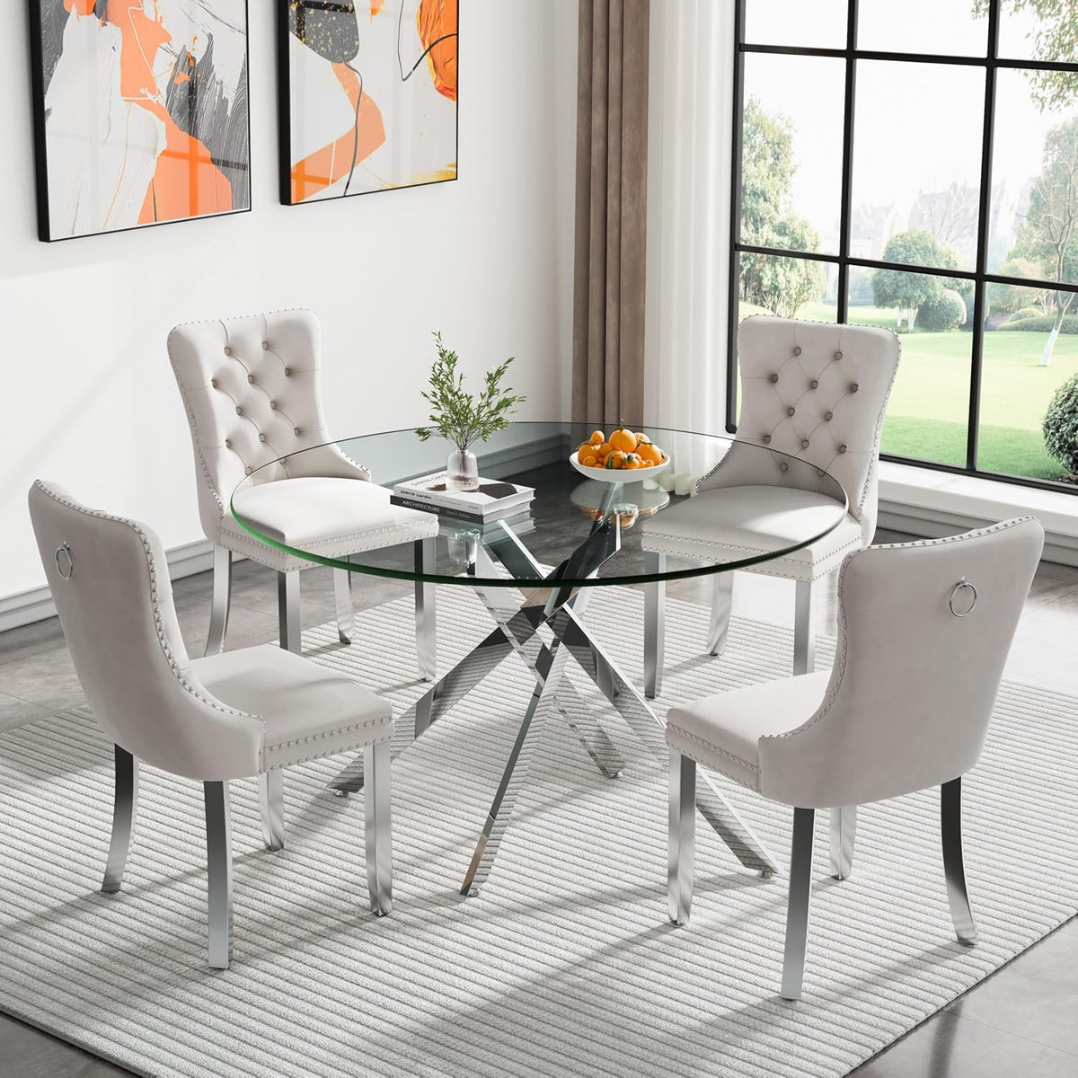 Henf 5 Piece Round Dining Table Set with 4 Chair, 47'' Round Glass Dining Room Table Set for 4, X-Shape Silver Metal Legs, Glass Kitchen Table and Chair Set for 4, Circular Dinner Desk for Kitchen