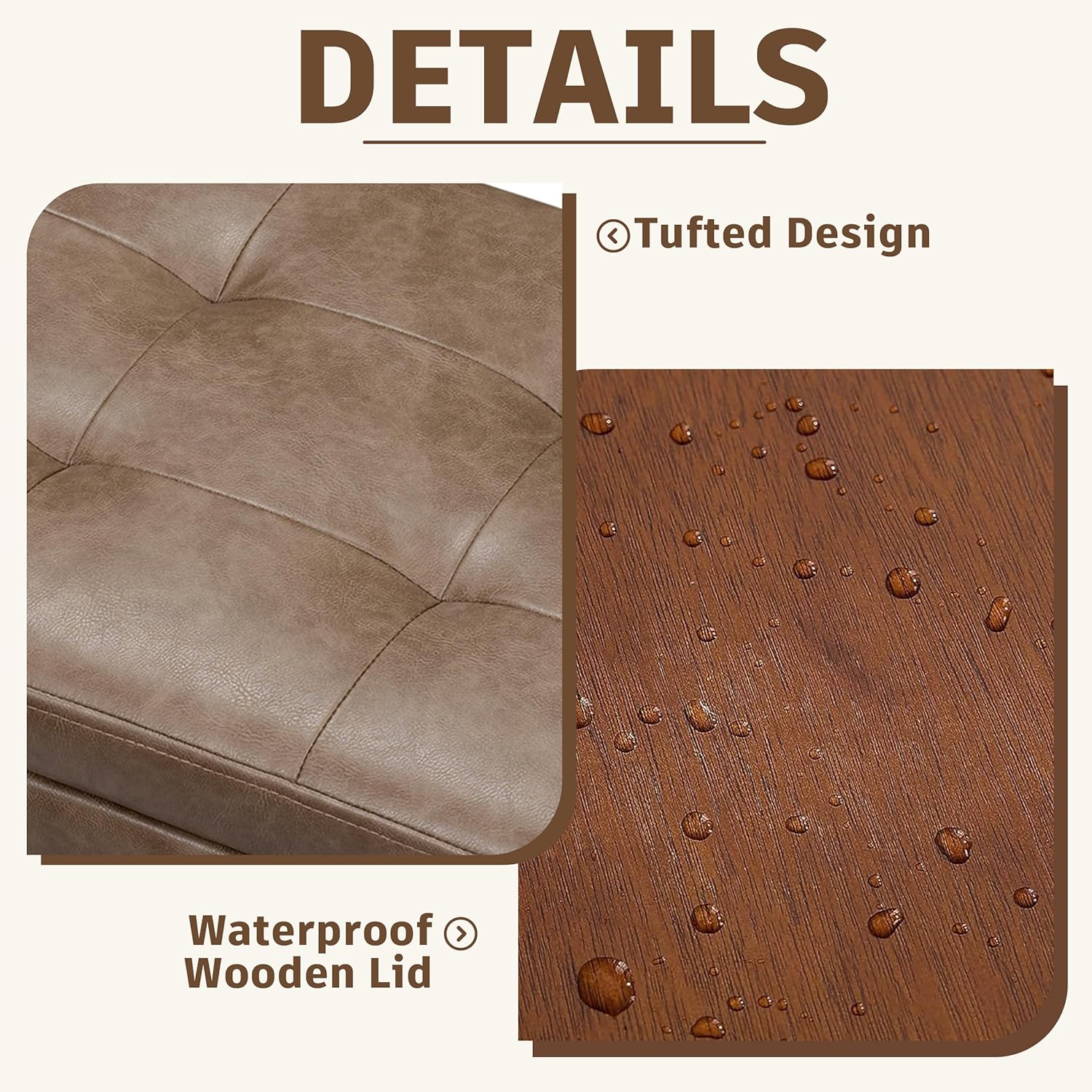 Homebeez 22" Storage Ottoman Coffee Table with Flip Top Tray, Tufted Faux Leather Footrest Stool with Nailhead Trim, Large Foot Rest for Living Room, Taupe Brown