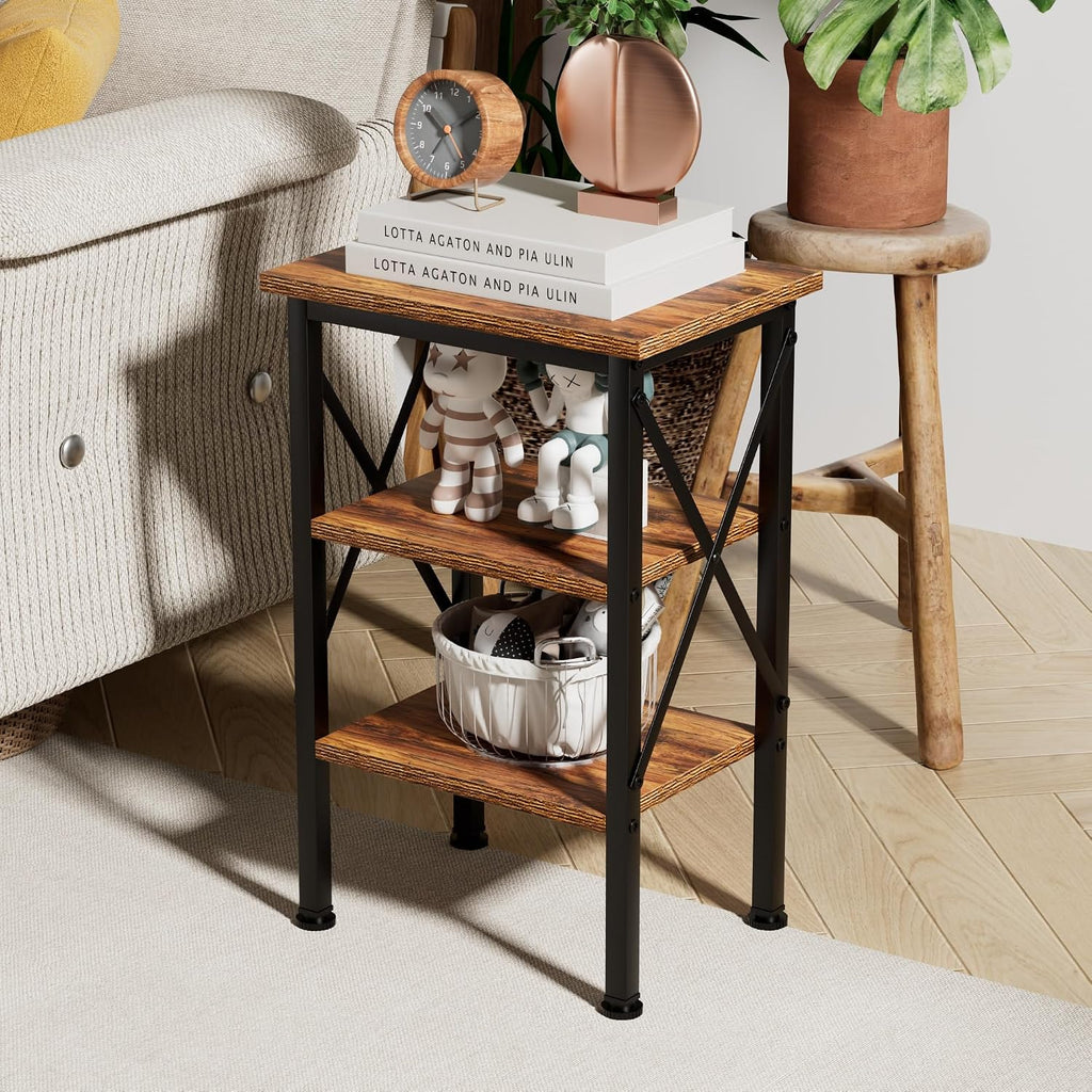 VECELO End Side Table Night Stand,X-Design with Storage Shelf for Bedroom,Living Room,Brown