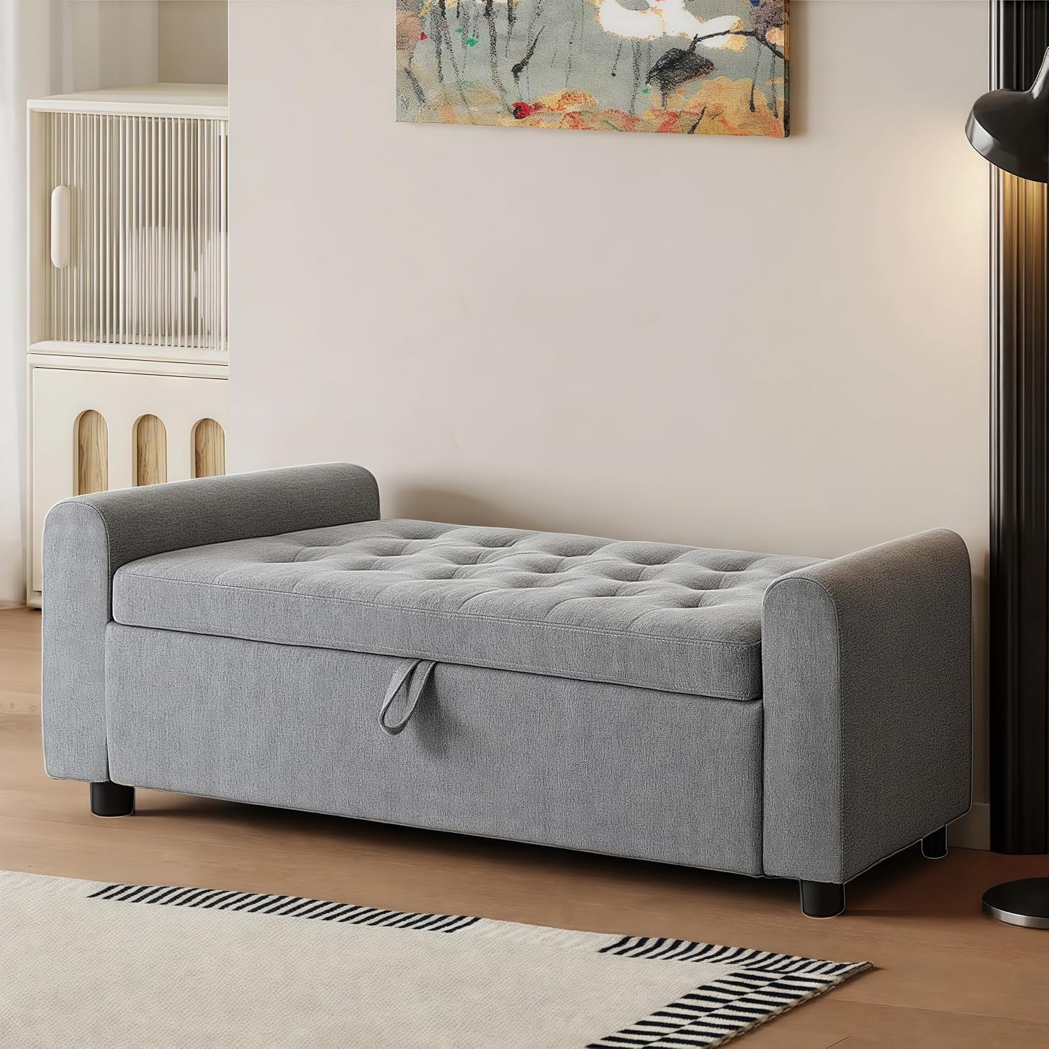 48" Ottoman with Storage, Tufted Storage Ottoman Bench, Convenient Living Room Fabrics Bench Seat, Entryway Shoe Benches with Inner Zipper & Arm, Rivetless Upholstered Window Seat Ottomans, Dark Grey