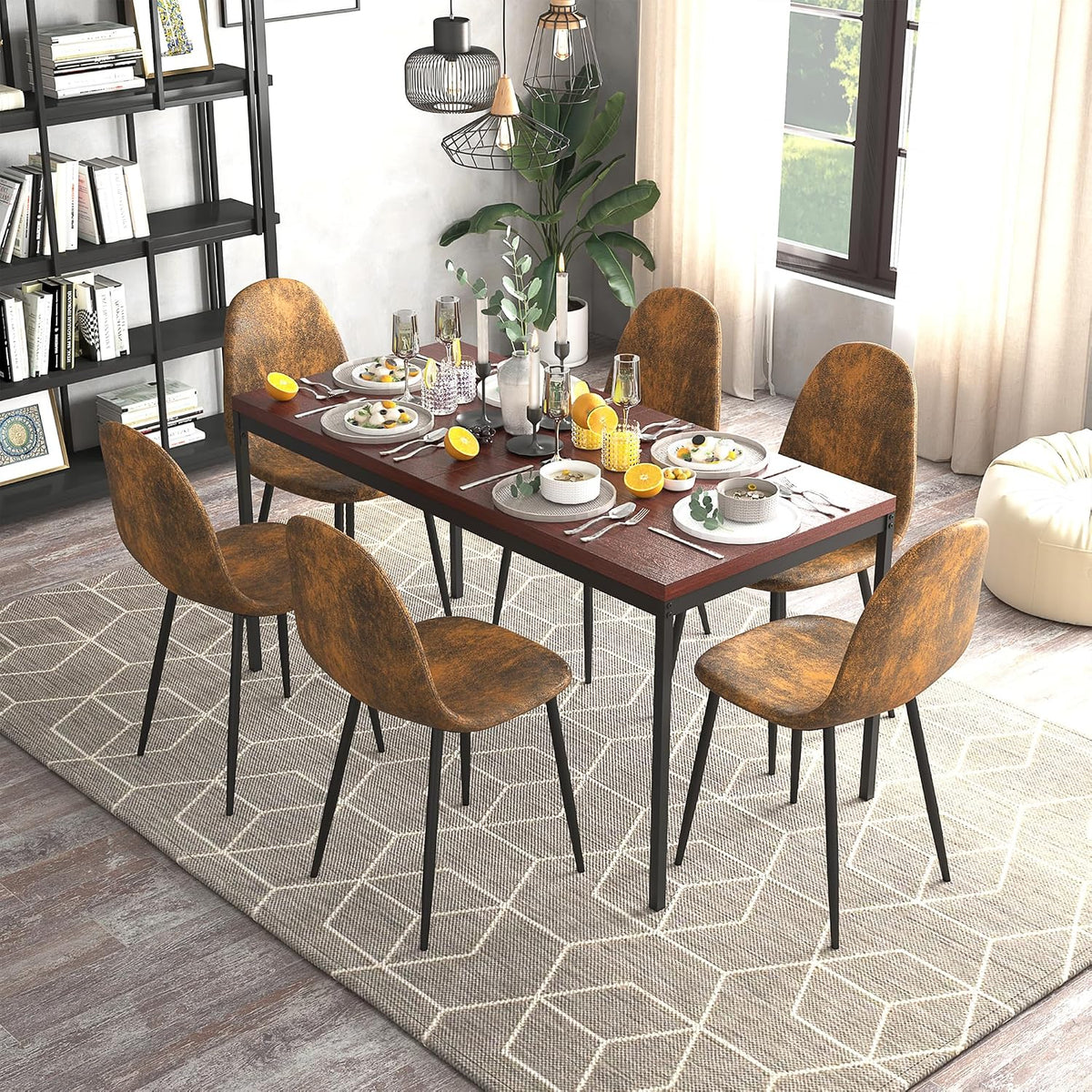 FurnitureR Modern Mid Century Leathaire Upholstered Kitchen Dining Chair, Armless Leisure Accent Chair with Black Metal Legs Space Saving for Dining Kitchen Living Room (Brown, Set of 6)