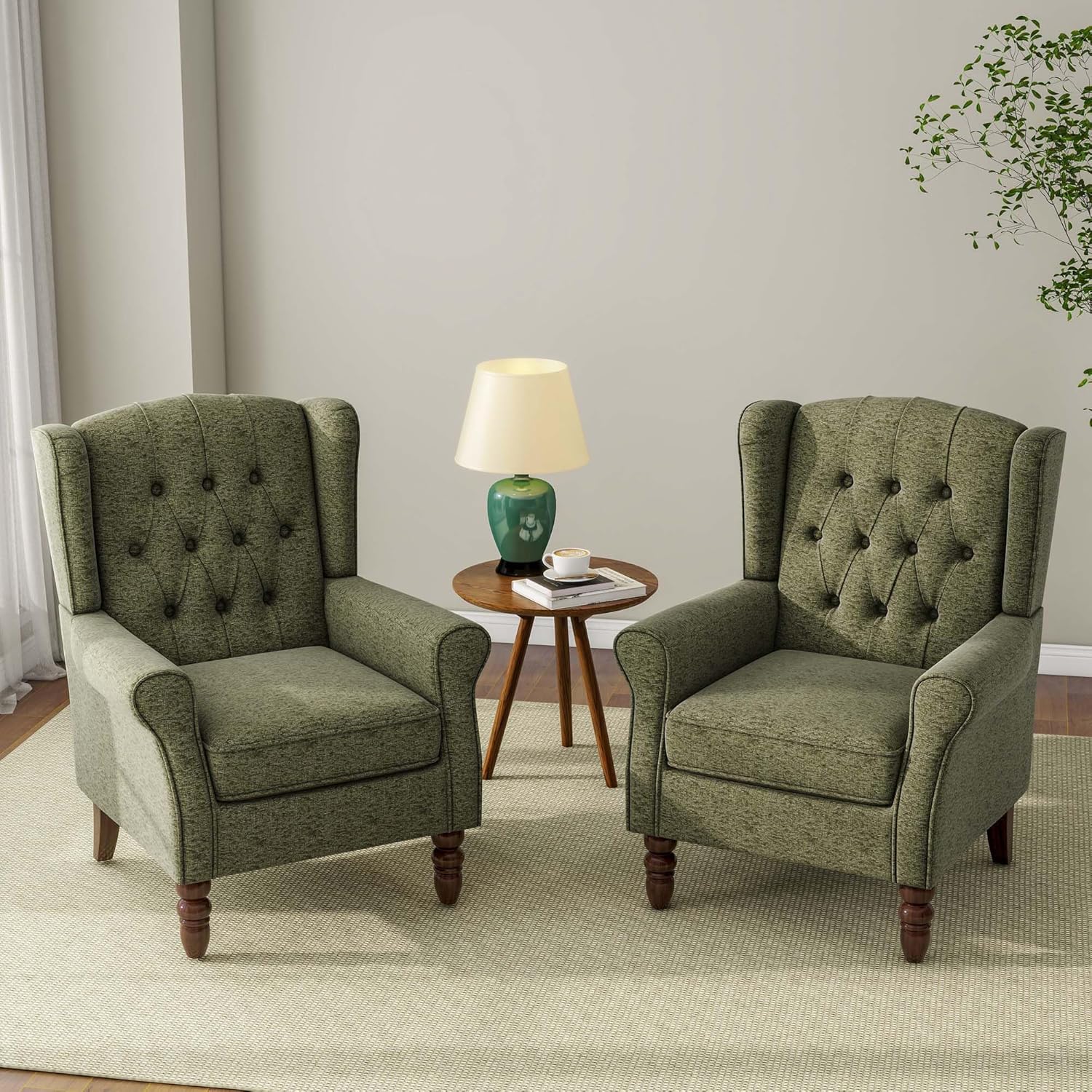 Accent Chair, Upholstered Armchair with Button Tufted High Back & Solid Wood Legs, Comfy Wingback Reading Single Sofa Chair for Small Spaces, Living Room, Bedroom