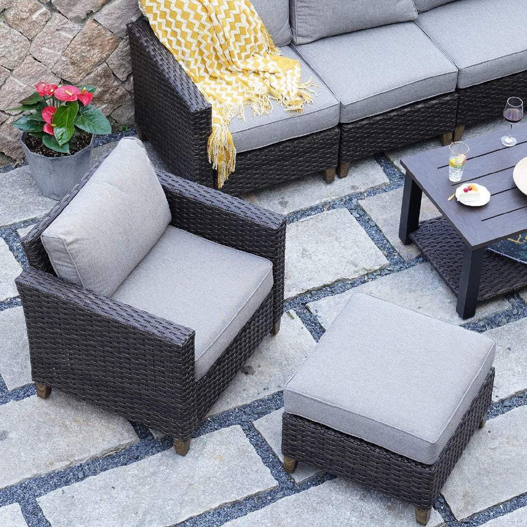 Grand patio Outdoor Patio Ottoman Footstool Rest with Premium Fabric Soft Removable Cushion Wicker Ottoman Seat for Garden Yard Lawn Poolside, Dark Brown