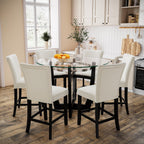 PADMA HOUSE Glass Pub Dining Set for 4, 45in Modern Round Wood Glass Counter Height Bar Table with 4 Leather Pub Stools 5 Pieces Round Bistro Dining Table Chair Set,Clear&Ivory