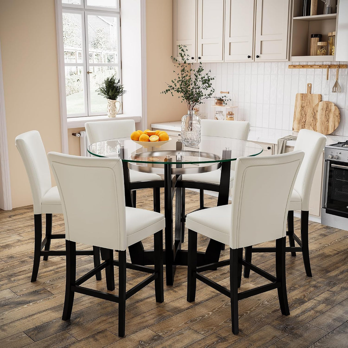 PADMA HOUSE Glass Pub Dining Set for 4, 45in Modern Round Wood Glass Counter Height Bar Table with 4 Leather Pub Stools 5 Pieces Round Bistro Dining Table Chair Set,Clear&Ivory