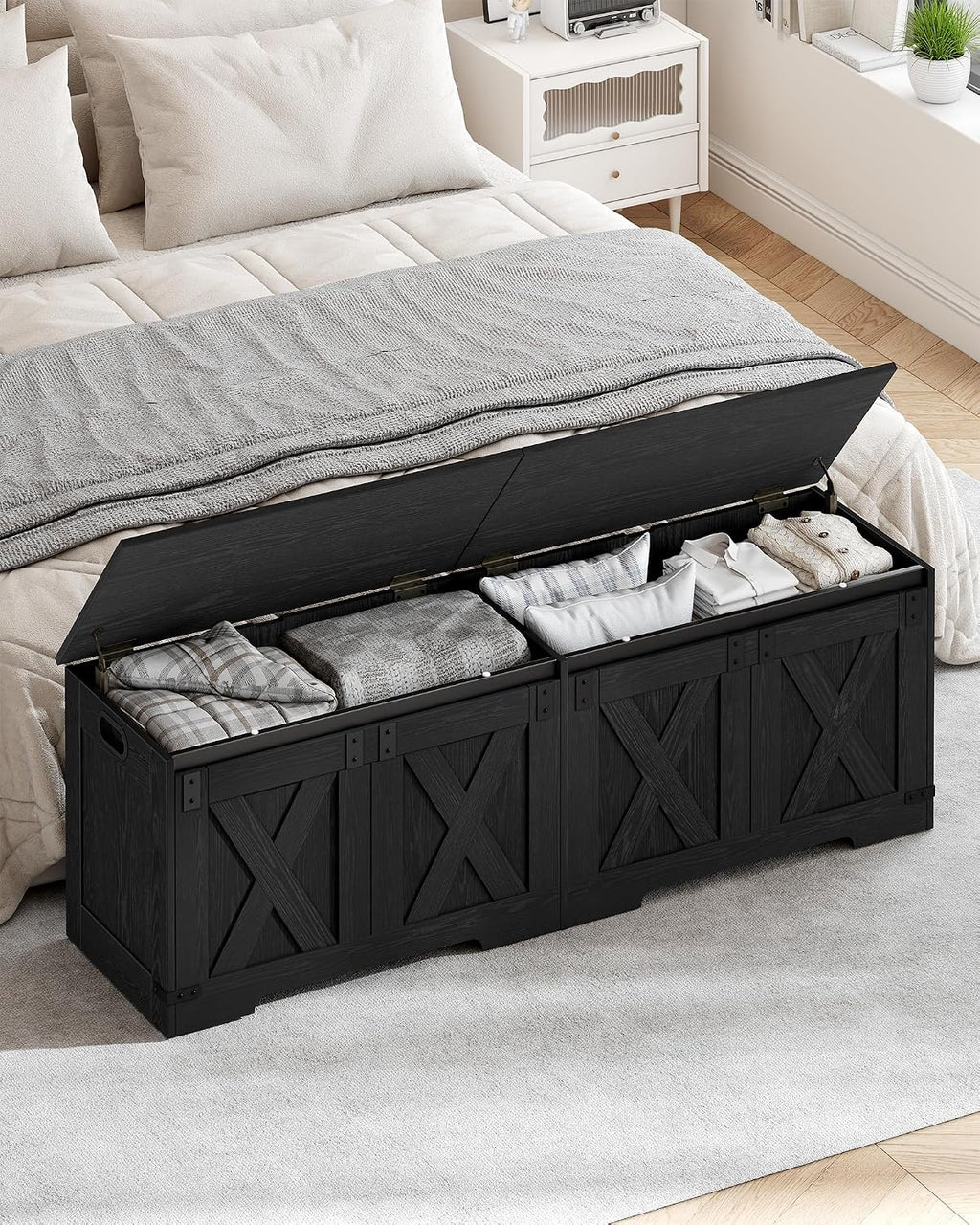 Hzuaneri 59" Storage Chest, Large Storage Trunk with 2 Hinges, Farmhouse Wooden Box Bench, Lift-Top Organizer Chest, Entryway Trunk for Bedroom, Living Room, Black SB15004X