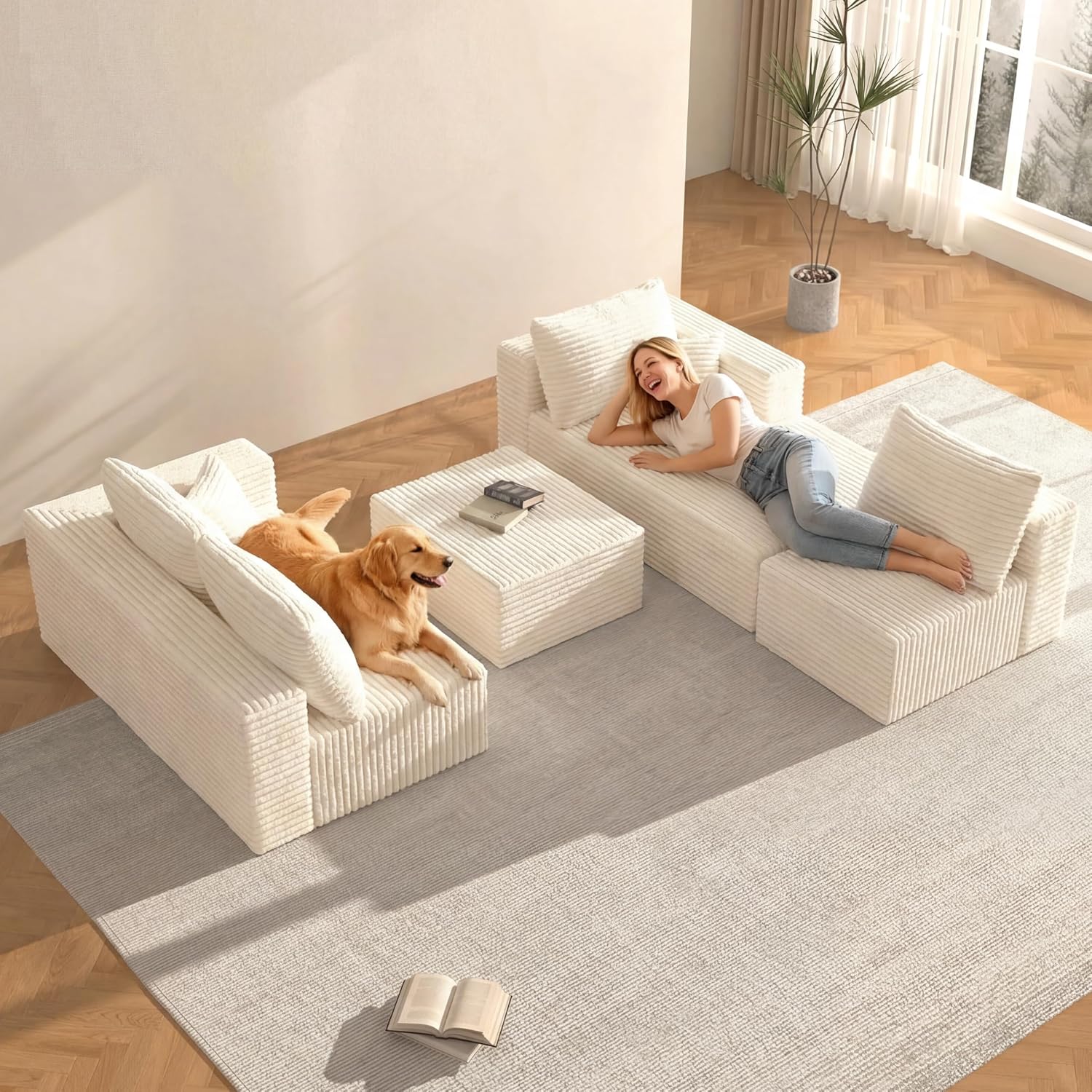 118" U-Shaped Modular Sectional Sofa Set,Soft Corduroy Cloud Couch with Chaise & Ottoman,Deep Seat Couches for Living Room,No-Assembly - Beige (Left Facing Chaise)