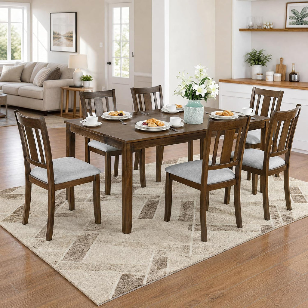 7-Piece Dining Table Set, Counter Height Kitchen Set with Rectangular Table & 6 Slatted Backrest Upholstered Chairs, Farmhouse Dining Room Furniture, Wooden Table & Chair for Home, Walnut