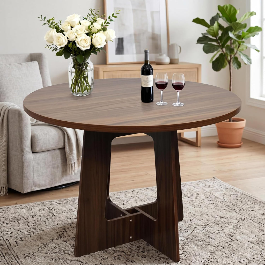 Round Dining Table for 4, 43.3" Kitchen Table for Dining Room, Circle Farmhouse Kitchen Table, Wood Dinner Table for Kitchen, Living Room, Apartment, Walnut Brown
