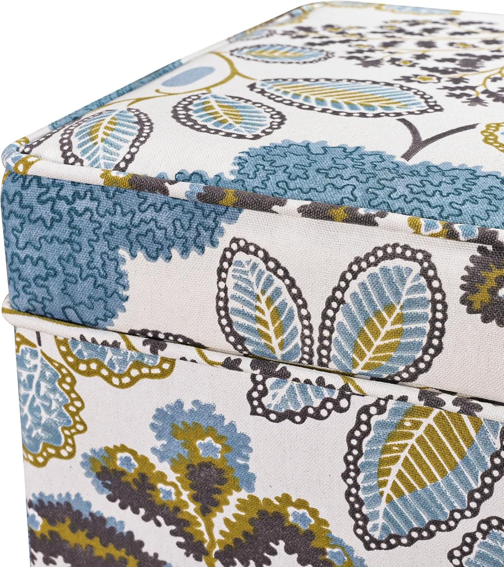Adeco 18 Inch Linen Storage Ottoman Cube, Upholstered Footstool for Living Room & Bedroom, Vanity Stool with Safety Hinge Lid & Solid Wood Legs, 2-Min Assembly, Blue Leaves
