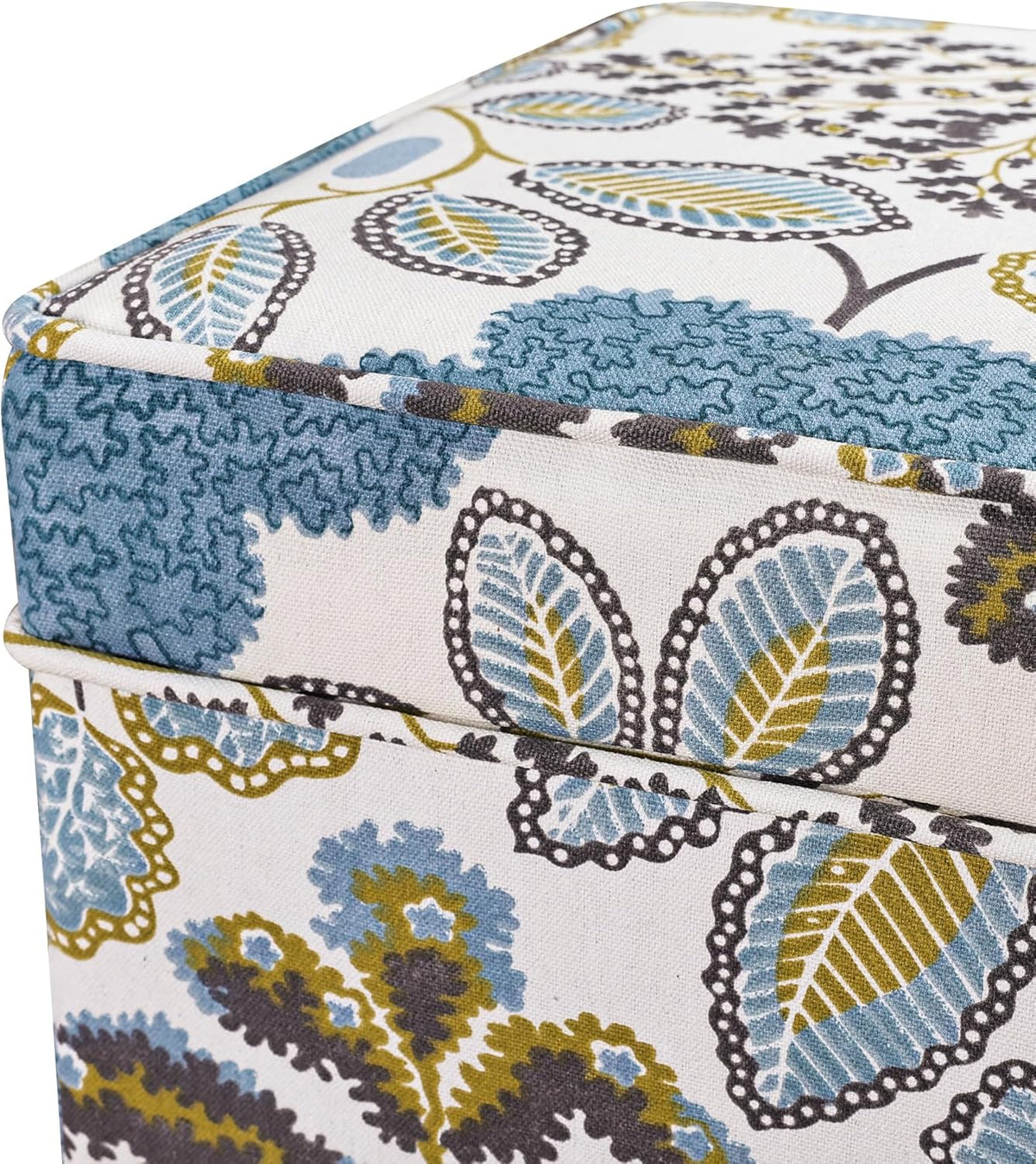 Adeco 18 Inch Linen Storage Ottoman Cube, Upholstered Footstool for Living Room & Bedroom, Vanity Stool with Safety Hinge Lid & Solid Wood Legs, 2-Min Assembly, Blue Leaves