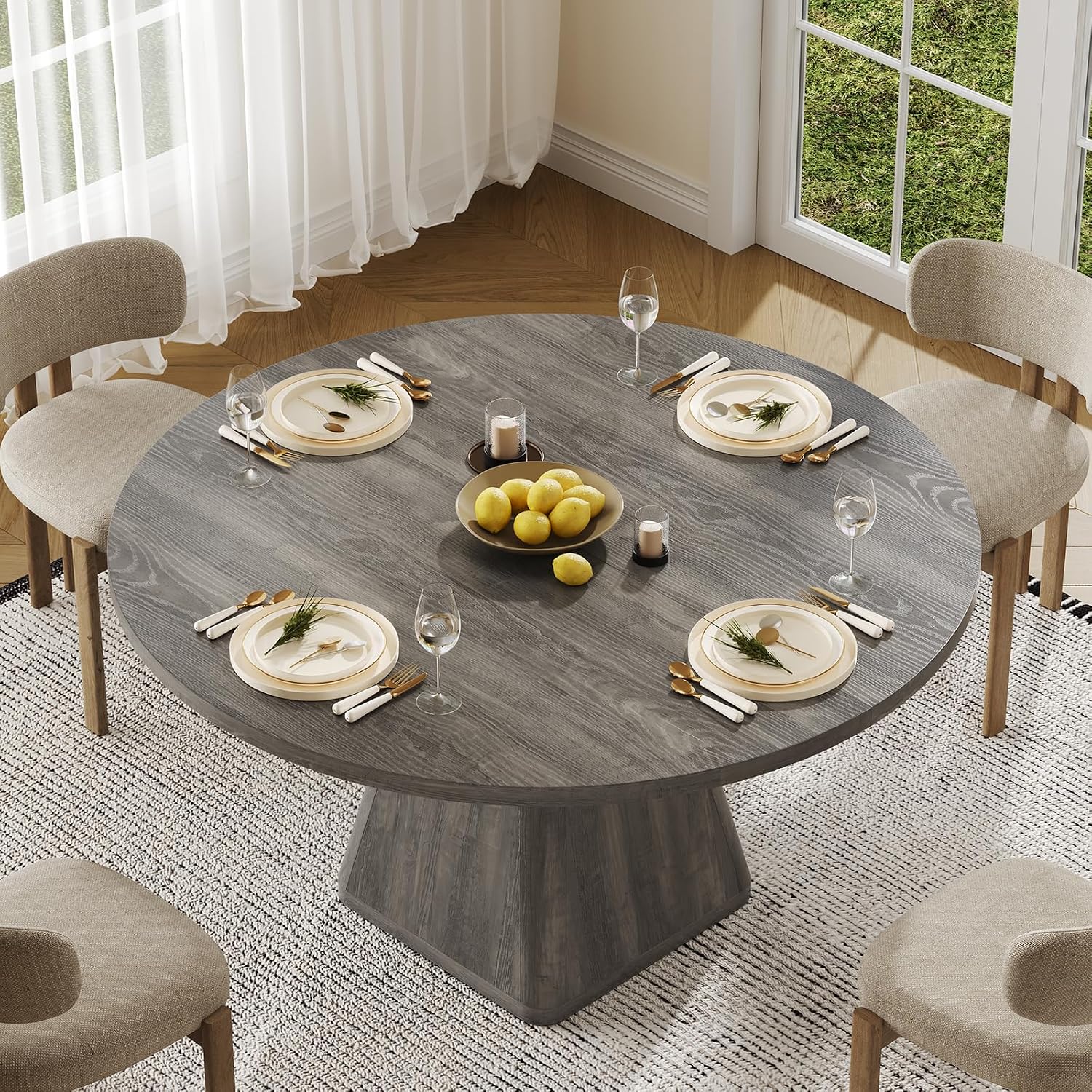 ONBRILL 47 Inch Round Dining Table for 4-6,Square Pedestal Base,Grey | Circle Kitchen Table with Thickened Tabletop, Modern Dining Room Tables, Dinner Tables for Kitchen Small Space (Table Only)