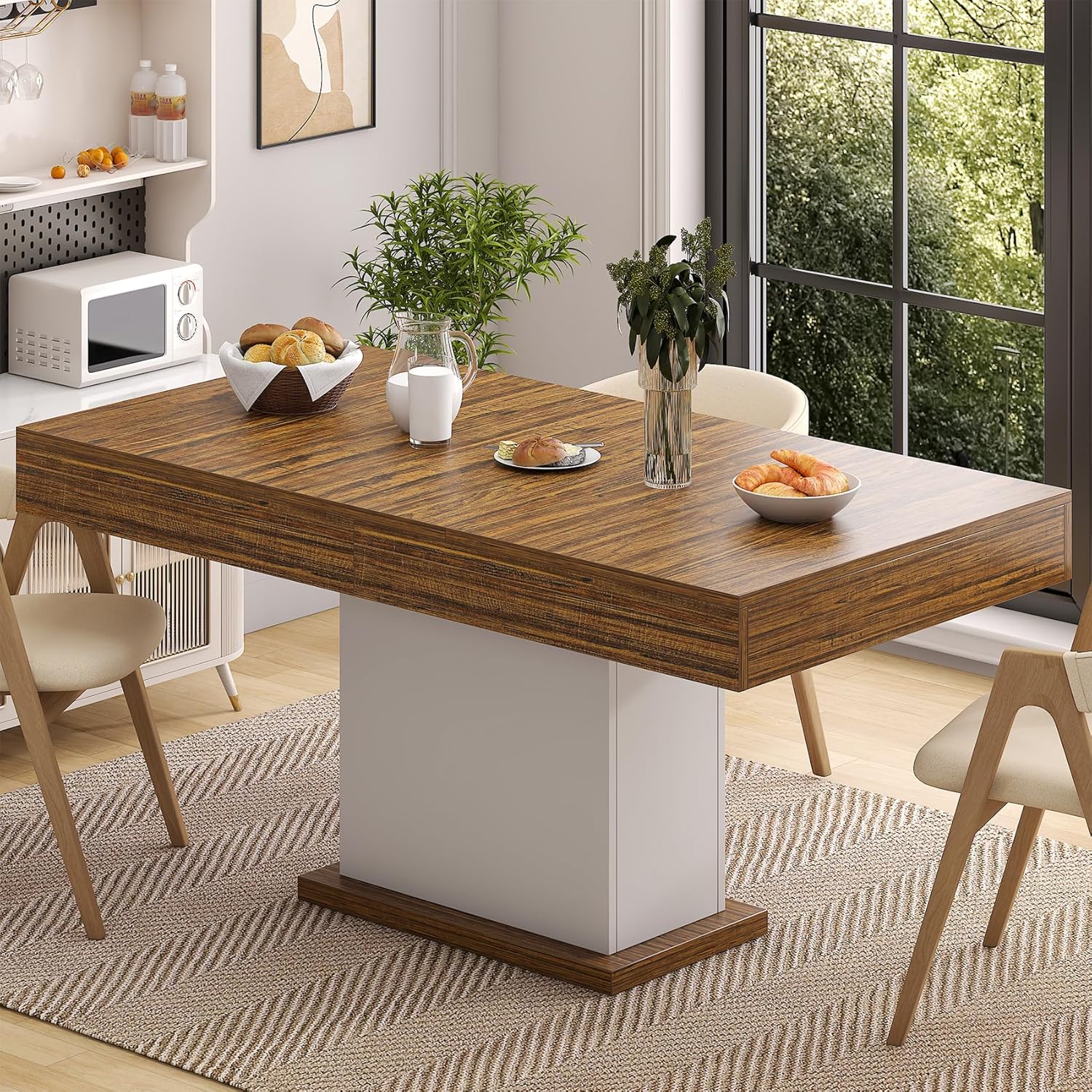 Dining Table with Drawers for 4-6 People, 55 Inches Dinner Table with Led Lights Wooden Pedestal Base, Rectangular Kitchen Table for Kitchen, Living Room, White& Rustic Brown