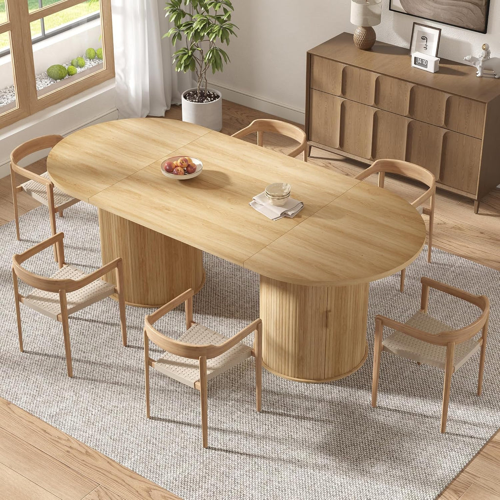 AMERLIFE 86.6" Modern Oval Dining Table with Hidden Storage, Extra Long Wooden Dining Room Table with Cylindrical Fluted Base, Seats 6-8, Natural Wood